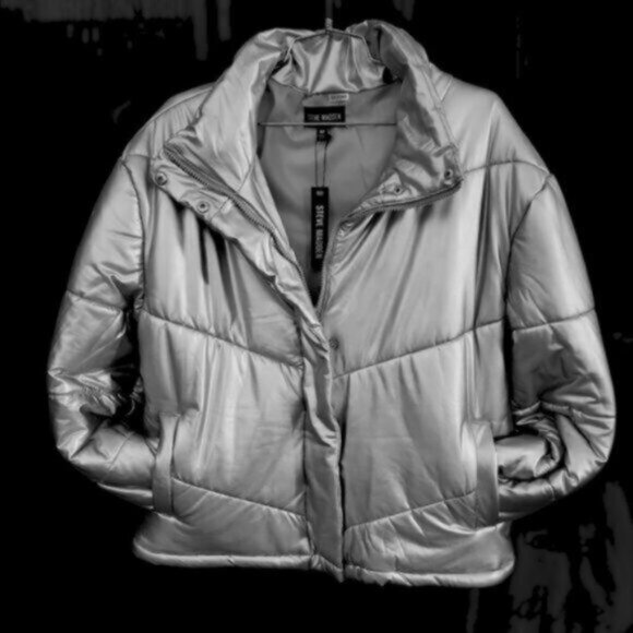 Steve Madden Metallic Silver Downtown Bomber Puffer Jacket NWT Sz Small - Picture 11 of 12